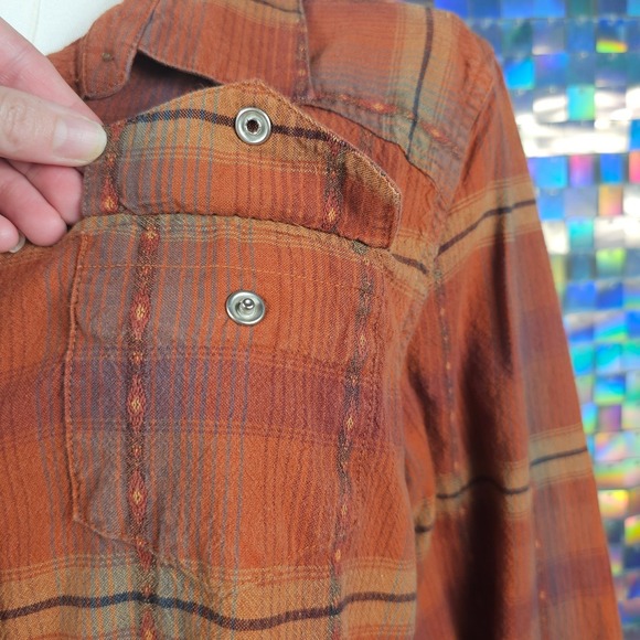 Bit & Bridle Western Plaid Snap Front Shirt Womens XL Orange Brown Cotton Dobby - Picture 3 of 10